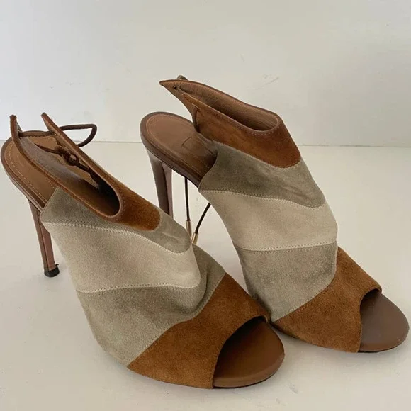 Aquazzura Tan and Gray Rainbow 105 Color Block Stripe Suede Heels, Size 36.5 🔴